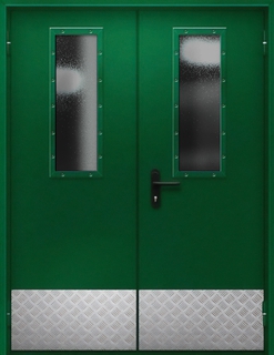 Двустворчатая зеленая огнестойкая дверь с остеклением и отбойниками