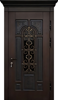 Металлическая термодверь с карнизом, остеклением и ковкой (отделка МДФ шпон) Металлическая термодверь с карнизом, остеклением и ковкой (отделка МДФ шпон)