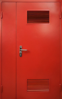 Стальная полуторная огнестойкая дверь красного цвета с жалюзийными вентиляционными решетками