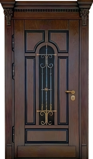 Шпонированная стальная дверь с терморазрывом и капителями (стеклопакет + ковка) Шпонированная стальная дверь с терморазрывом и капителями (стеклопакет + ковка)