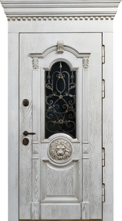 Металлическая термодверь с ковкой, остеклением и карнизом (белые плиты МДФ с резьбой и патиной) Металлическая термодверь с ковкой, остеклением и карнизом (белые плиты МДФ с резьбой и патиной)