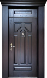 Стальная термодверь для дома с карнизом, фрамугой и кнокером (МДФ шпон) Стальная термодверь для дома с карнизом, фрамугой и кнокером (МДФ шпон)