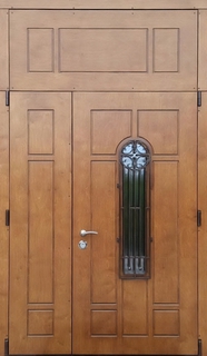 Полуторная стальная термодверь с фрамугой, ковкой и окном (плиты МДФ)