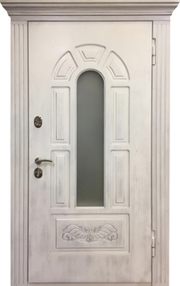 Остекленная входная термодверь с карнизом и панелями МДФ с патиной Остекленная входная термодверь с карнизом и панелями МДФ с патиной