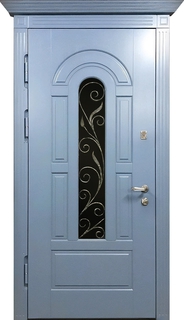 Металлическая морозоустойчивая термодверь с карнизом, остеклением и ковкой (отделка МДФ RAL) Металлическая морозоустойчивая термодверь с карнизом, остеклением и ковкой (отделка МДФ RAL)