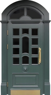 Остеклённая арочная термодверь с отбойником и фрамугой (зелёные панели МДФ) Остеклённая арочная термодверь с отбойником и фрамугой (зелёные панели МДФ)