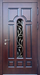 Металлическая термодверь с узким стеклом и решеткой с «листьями» (МДФ шпон псевдофиленка)