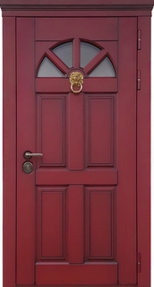 Стальная термодверь с полукруглым стеклом, кнокером и карнизом (МДФ RAL красный) Стальная термодверь с полукруглым стеклом, кнокером и карнизом (МДФ RAL красный)